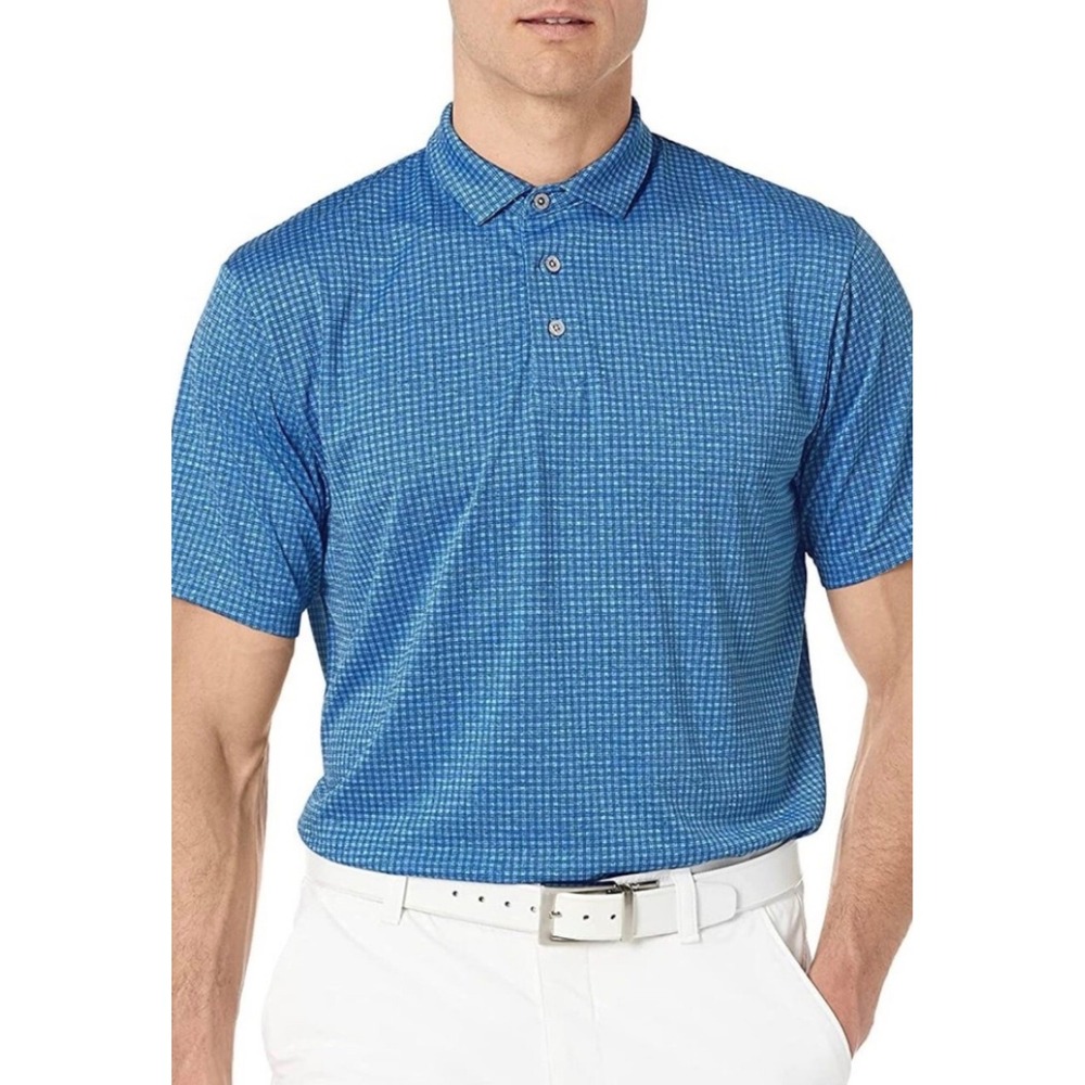 PGA Tour Pro Series Polo Mens L Blue Geometric Athletic Fit Stretch Golf Shirt